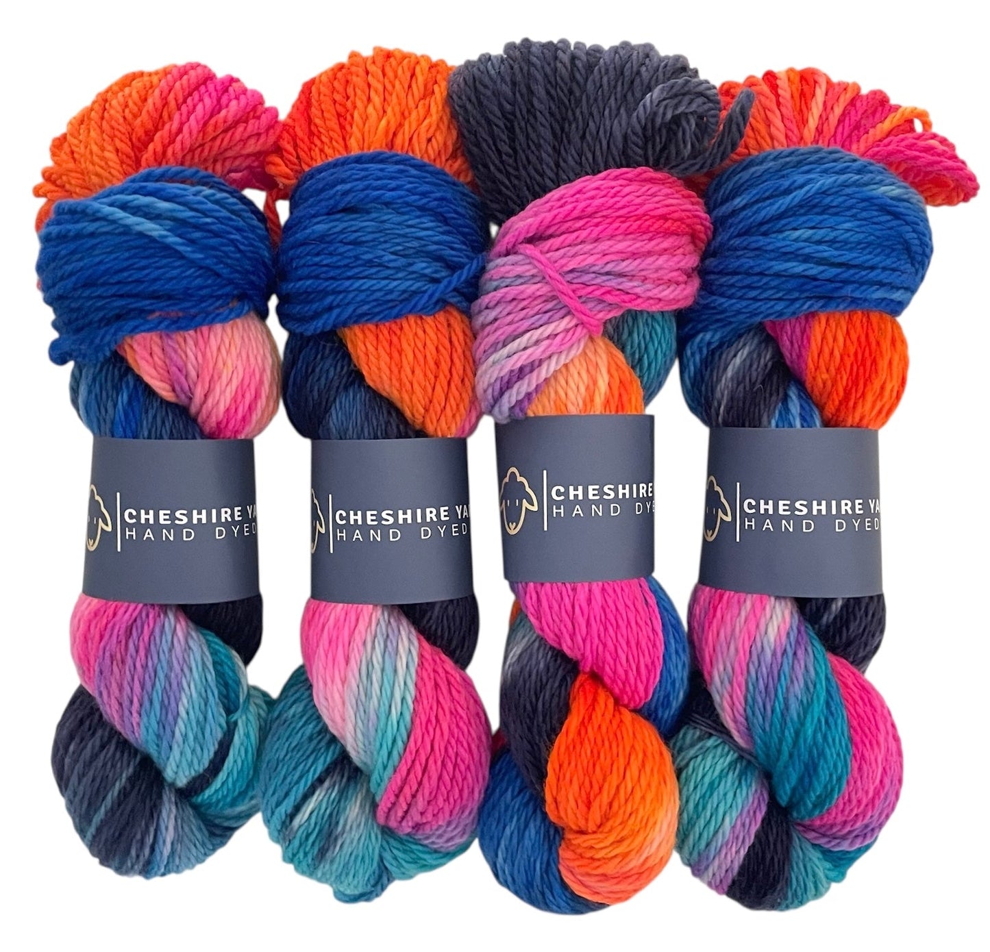 Four skeins of non superwash chunky weight merino wool, hand dyed in bright colours including blue, orange and pink.