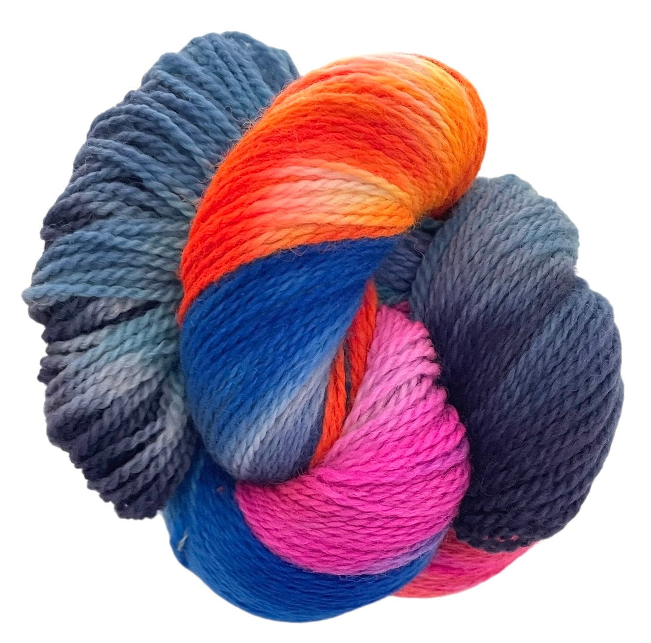 Skein of non superwash chunky weight merino wool, hand dyed in bright colours including blue, orange and pink.
