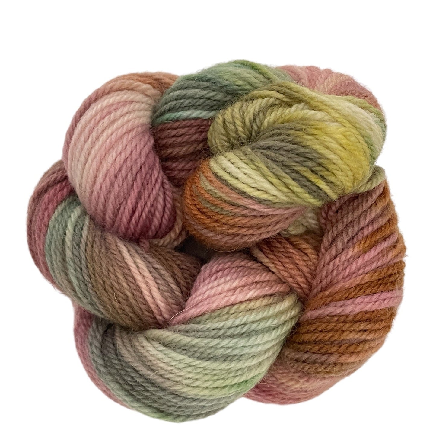 Skein of of non superwash DK hand-dyed yarn with a blend of British Bluefaced Leicester and Merino fibers, in a variety of colors including brown, pink, green, and blue.