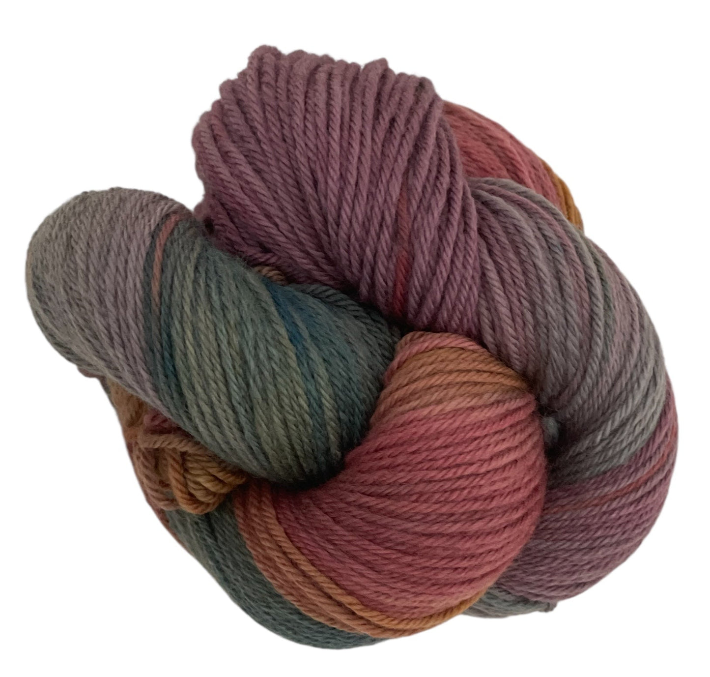 Skein of non superwash DK weight sustainable merino wool, hand dyed in shades of brown, grey and green.