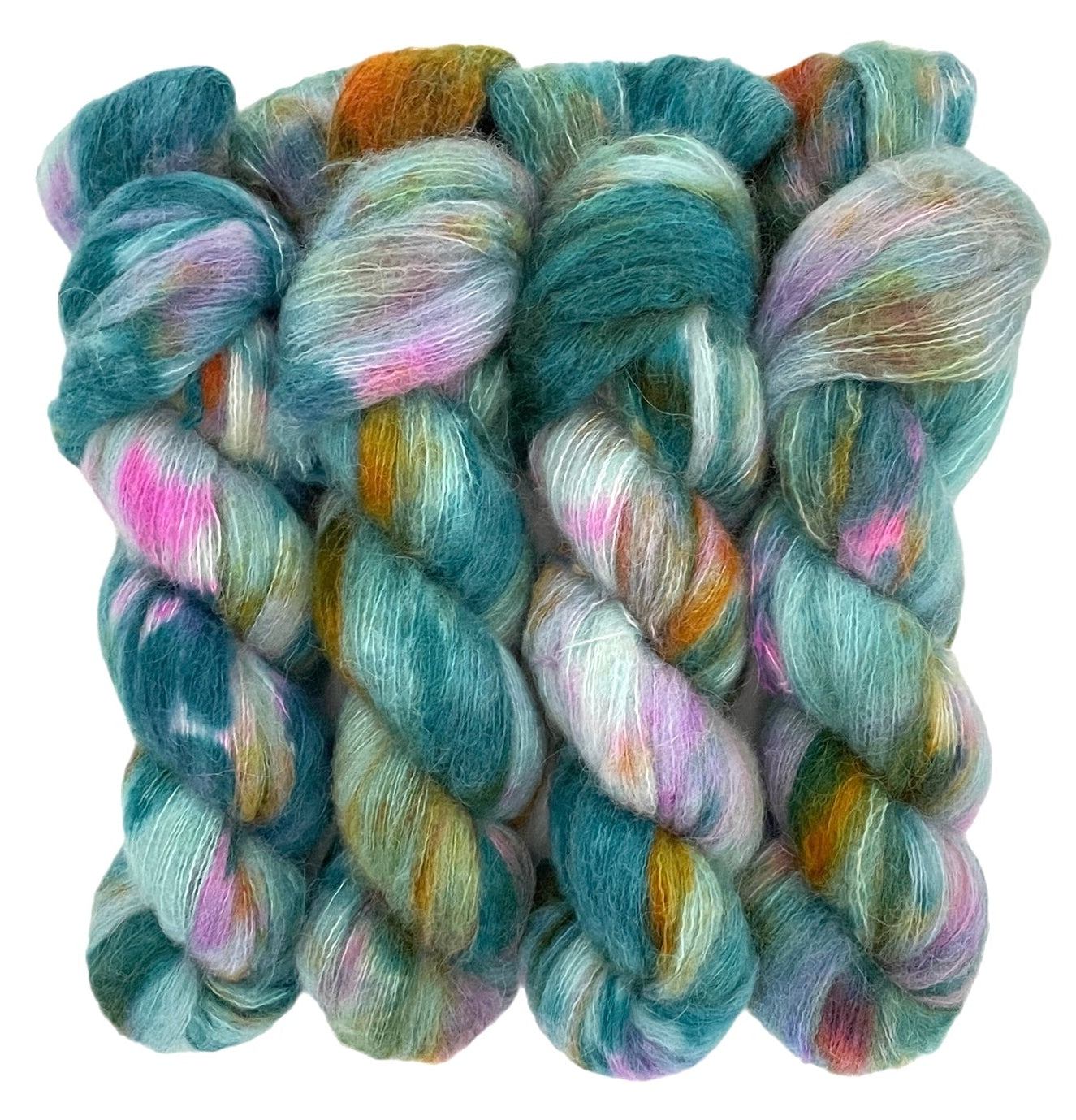 Four skeins of lace weight alpaca silk and cashmere yarn, hand dyed in shades of teal, blue, green and pink.
