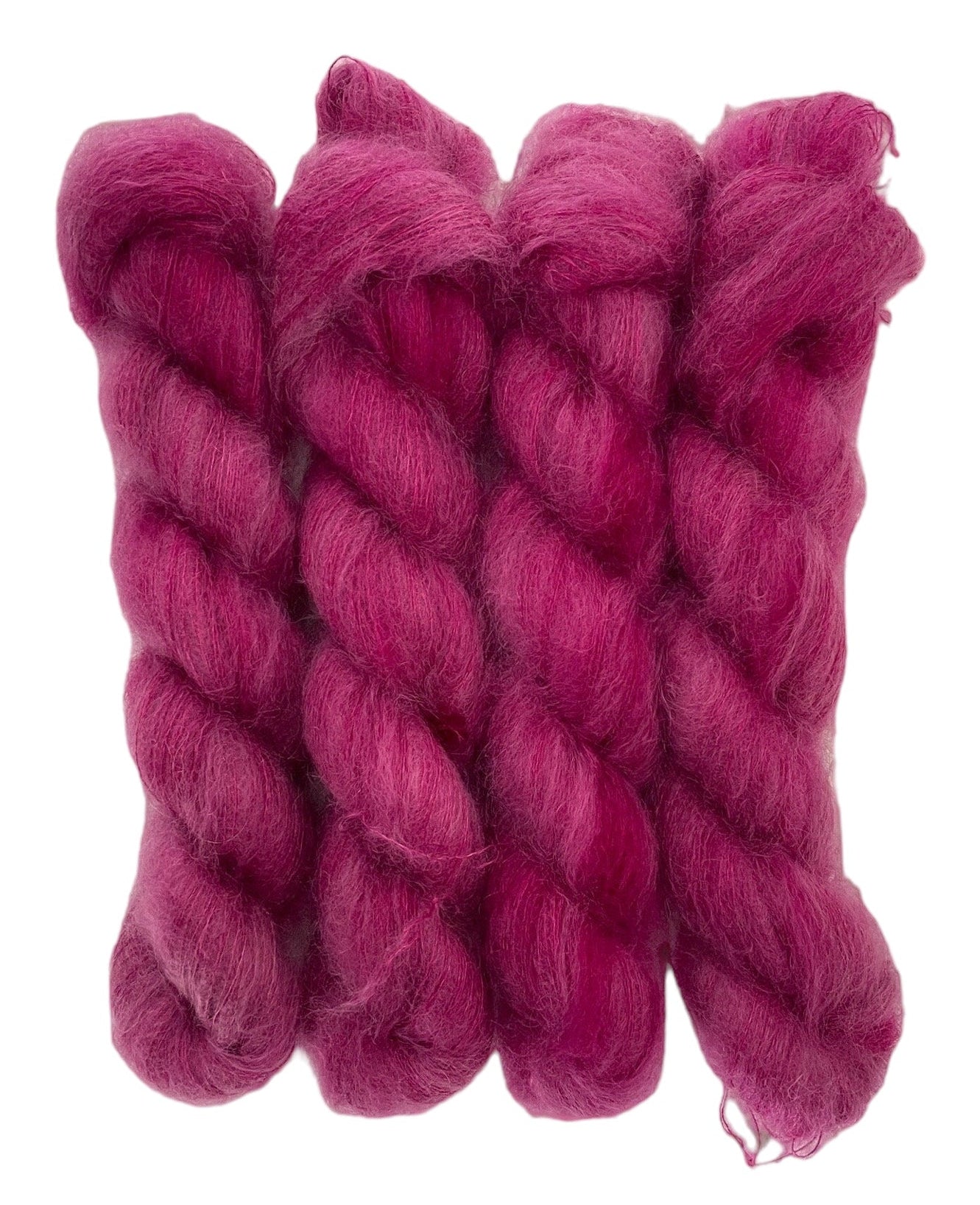Four red velvet hand dyed skeins of lace weight mohair and silk yarn on a white background.