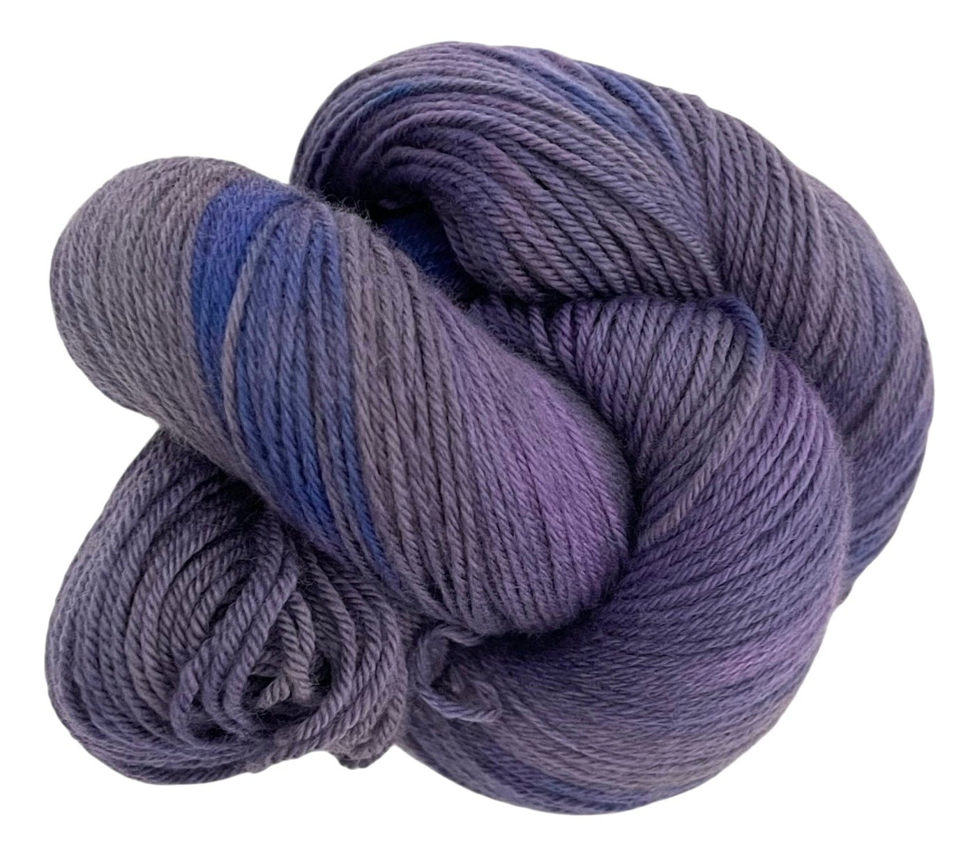 Skein of DK non superwash merino and alpaca yarn, hand dyed in shades of purple.