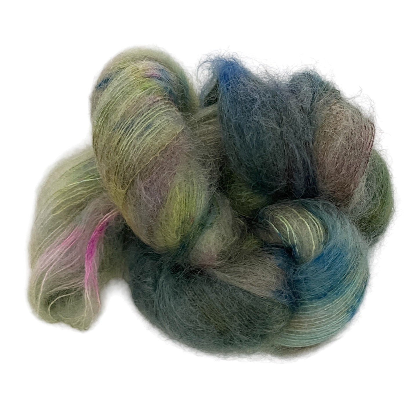 Skein of lace weight mohair and silk yarn, hand dyed in various colours including yellow, green and blue.