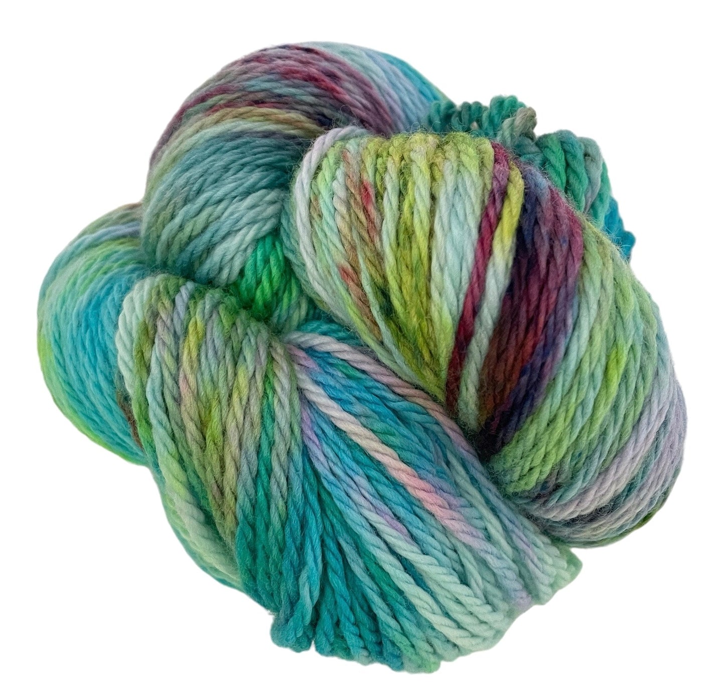 A skein of hand-dyed, multicolored aran weight non superwash merino yarn with a mix of blues, greens, yellows and browns.