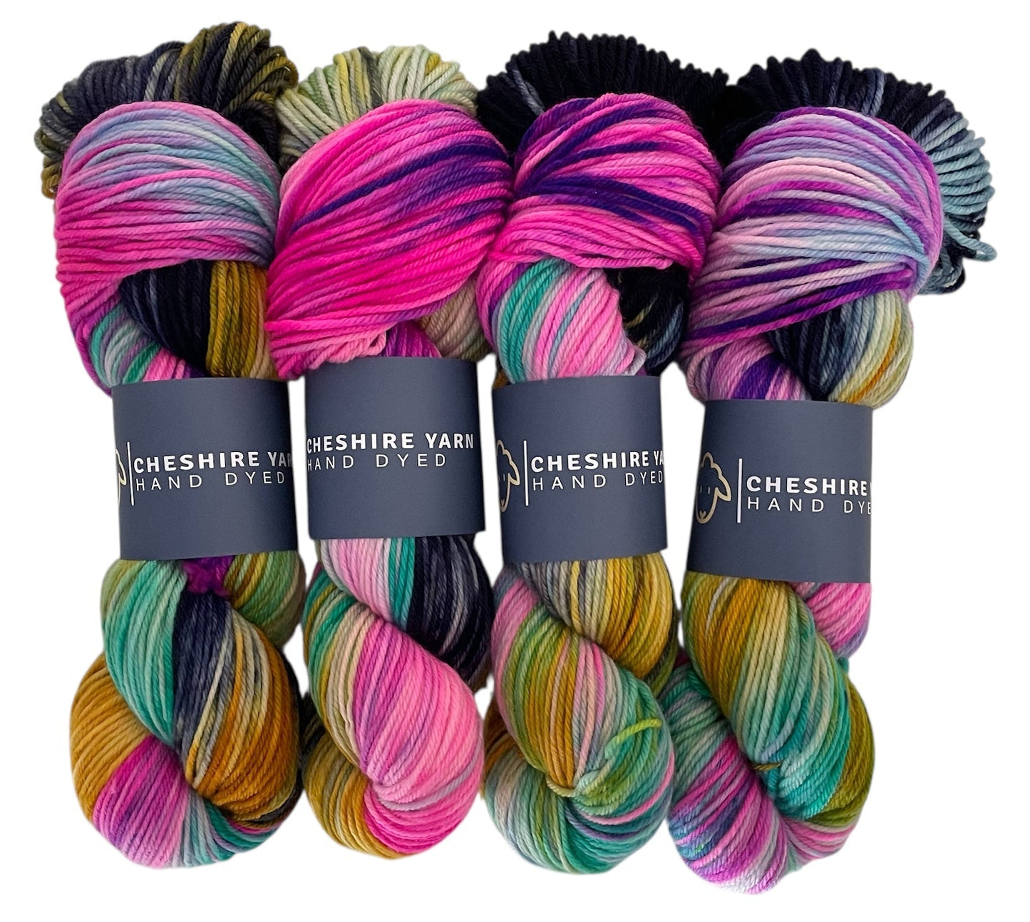 Four skeins of DK weight superwash merino and nylon yarn, hand dyed in shades of pink, green, orange and black.