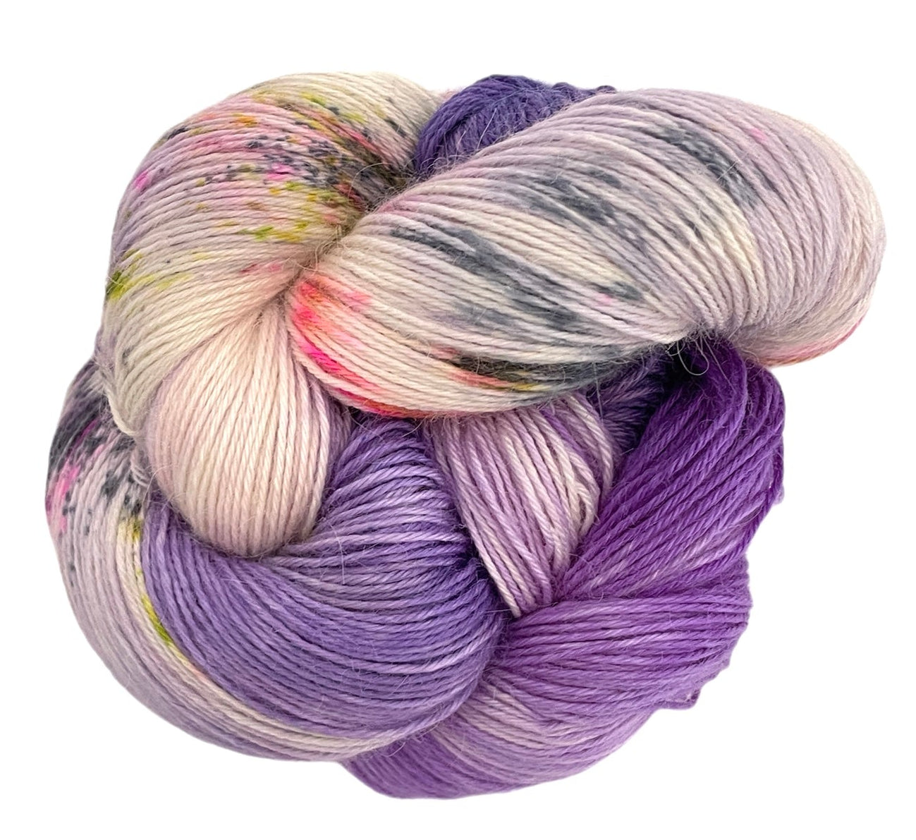 Skein of fingering weight baby alpaca, silk and cashmere yarn, hand dyed in shades of purple, pink and yellow.