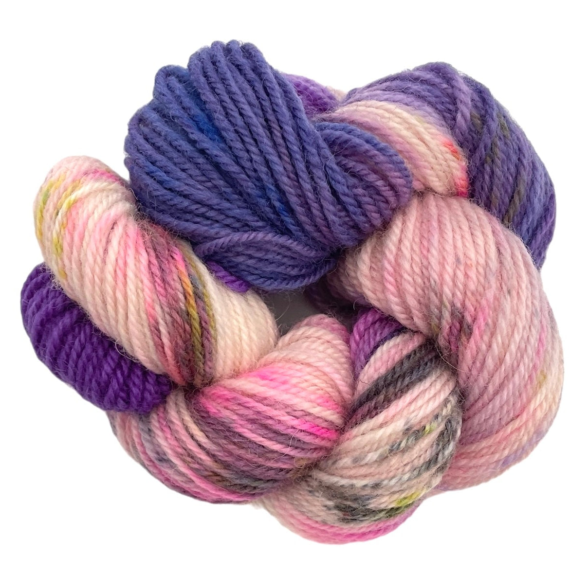 Skein of non superwash DK merino and bluefaced leicester yarn, hand dyed in shades of purple, violet and pink.