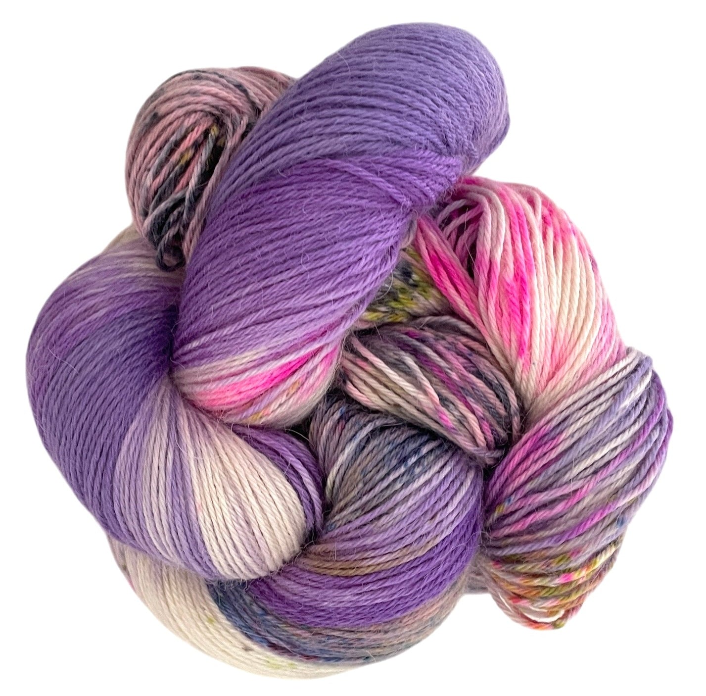 Skein of fingering weight baby alpaca, silk and cashmere yarn, hand dyed in shades of purple, pink and yellow.