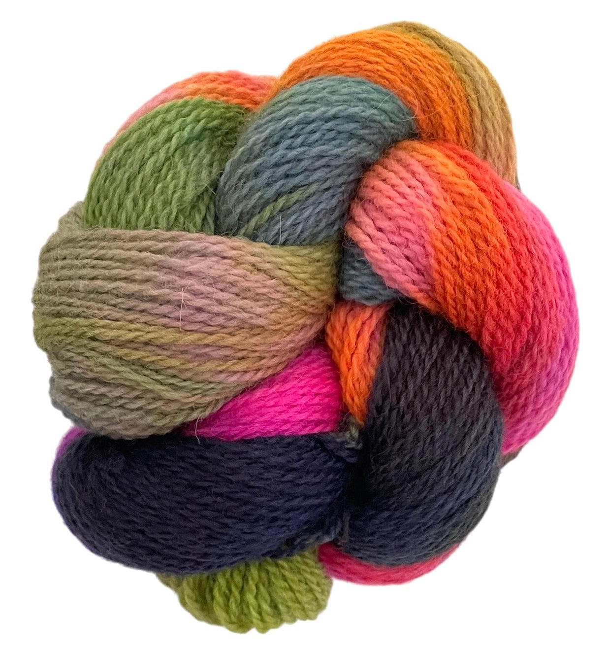 Skein of non superwash fingering weight merino and bluefaced leicester yarn, hand-dyed in assorted colors, including pink, green, blue, and purple.