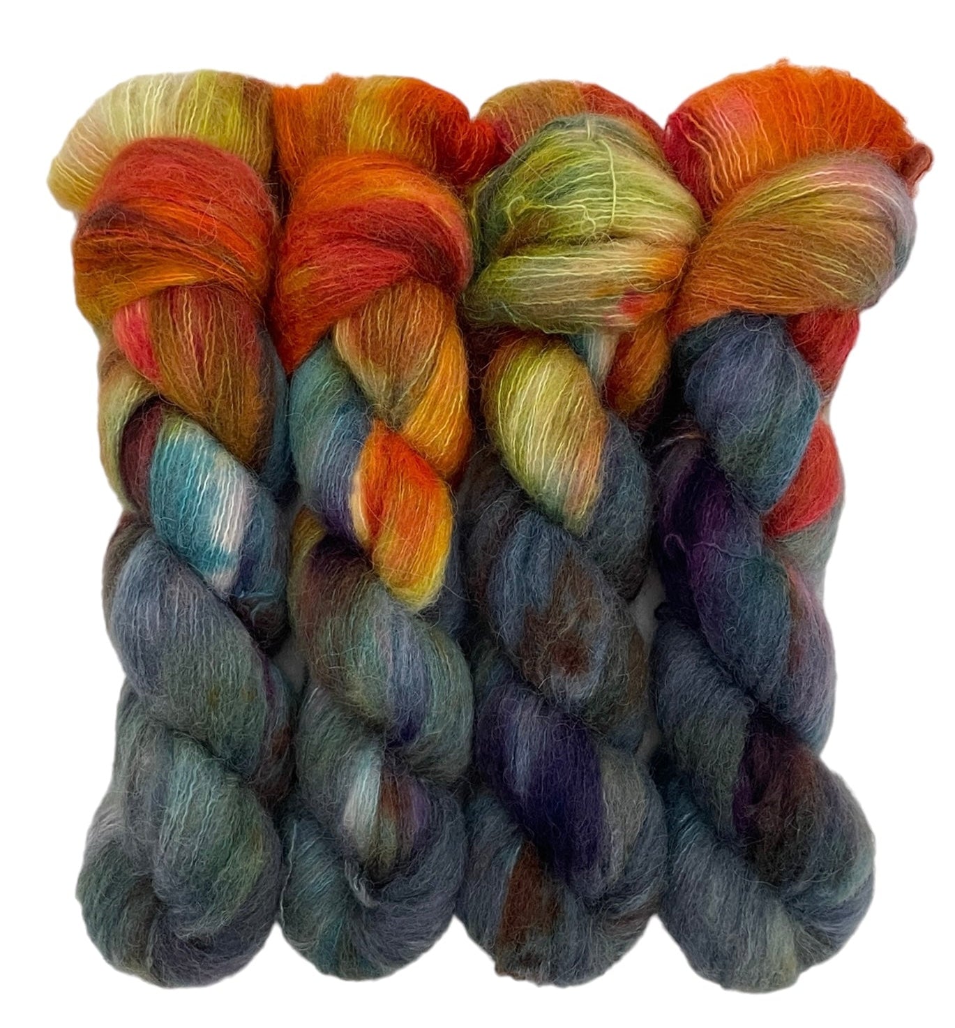 Four skeins of lace weight baby alpaca, silk and cashmere yarn, hand dyed in shades of yellow, orange and blue.