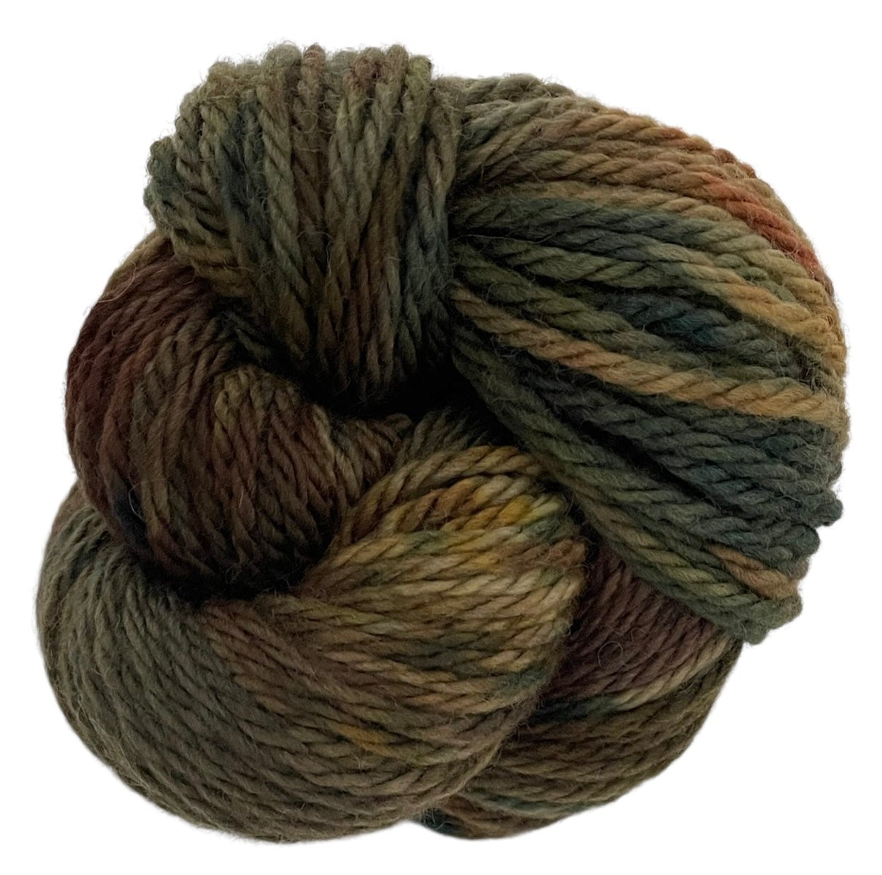 Skein of non superwash chunky weight merino wool, hand dyed in earthy brown, green and black.