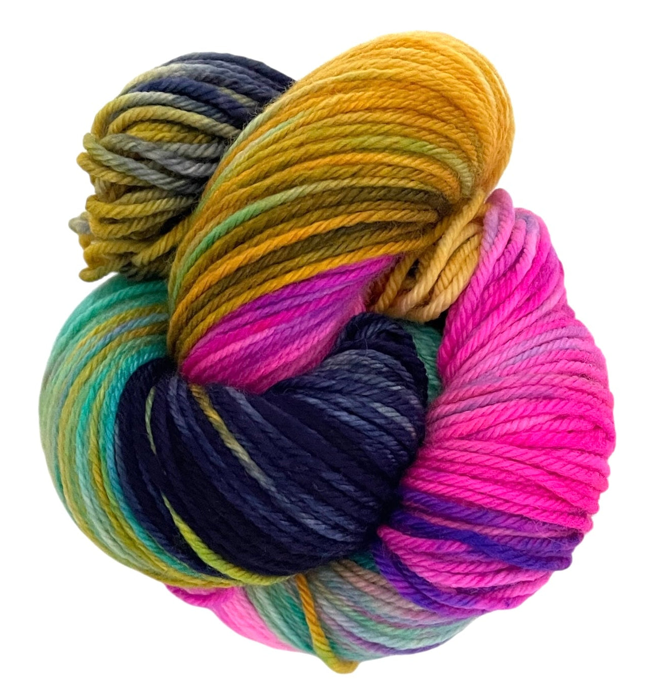 Skein of DK weight superwash merino and nylon yarn, hand dyed in shades of pink, green, orange and black.