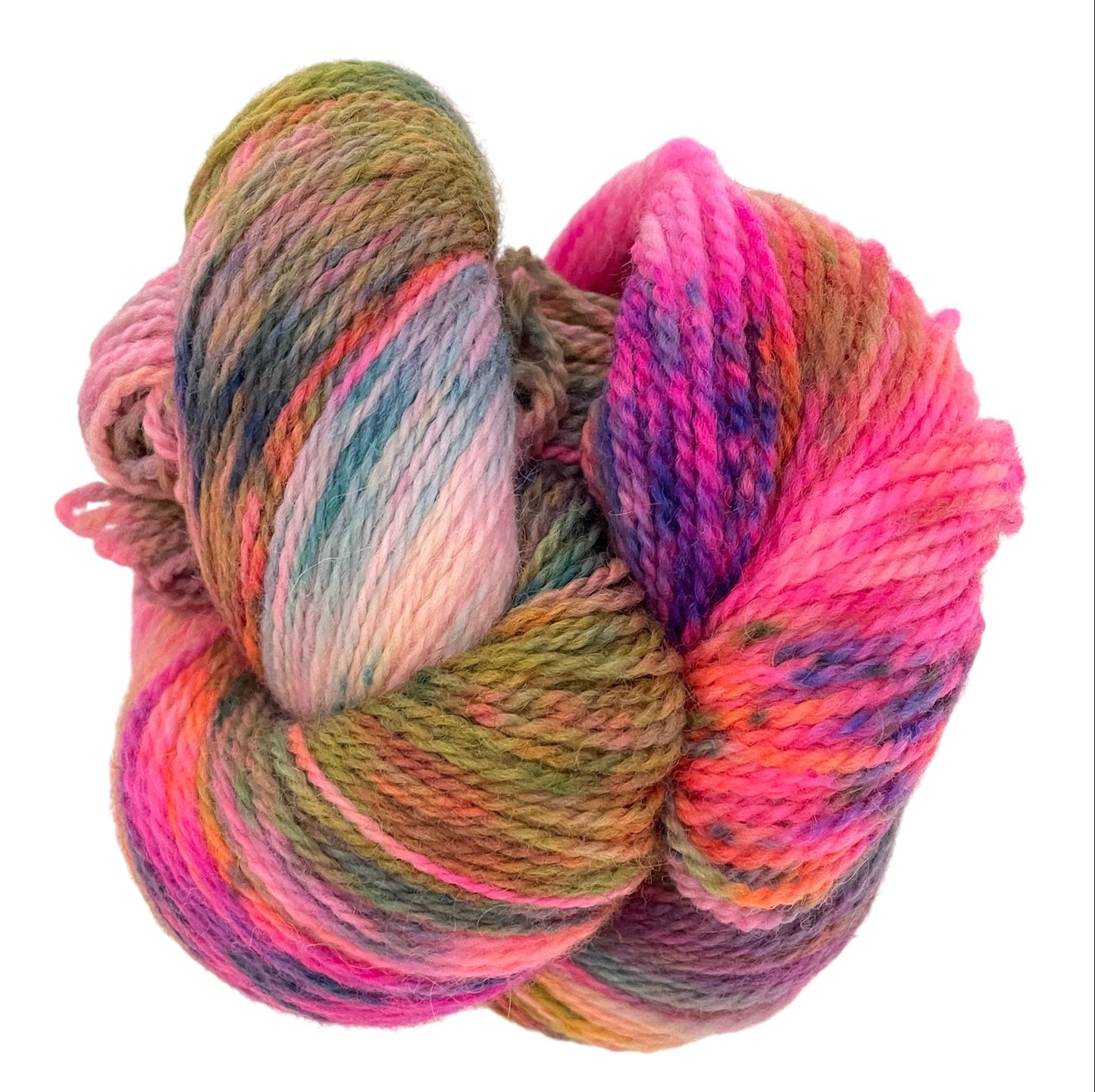 Skein of non superwash fingering weight peruvian highland wool, hand dyed in various colours including pink, yellow, orange and green.