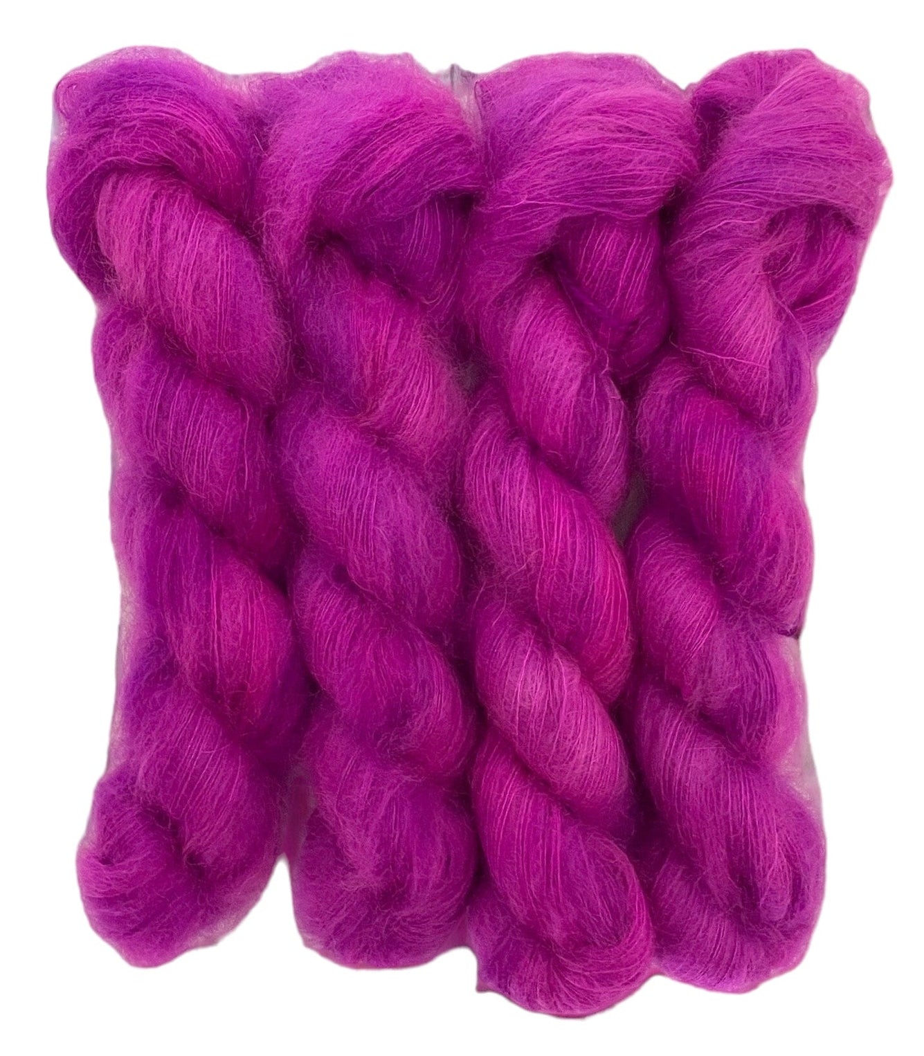 Four pink purple hand dyed skeins of lace weight mohair and silk yarn on a white background.