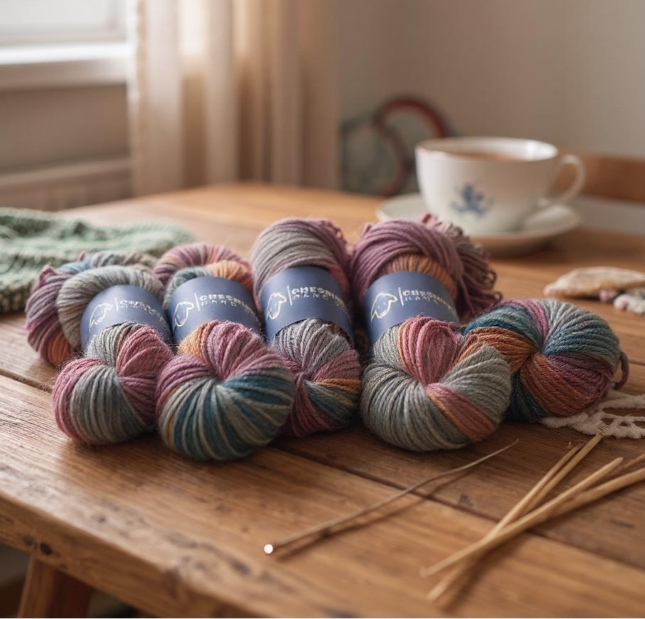 Four skeins of non superwash DK weight sustainable merino wool, hand dyed in shades of brown, grey and green.