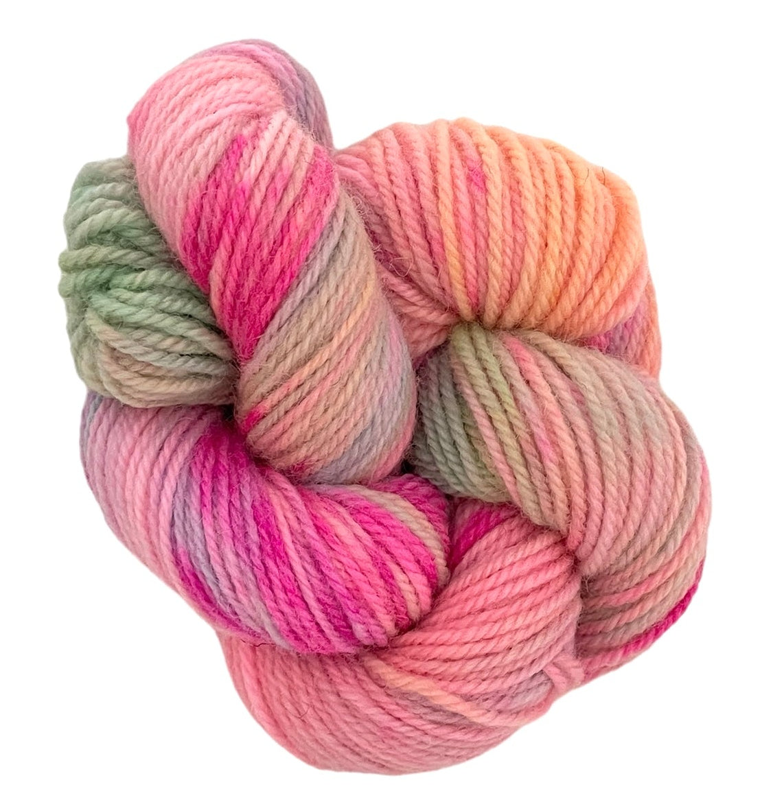A skein of DK non superwash hand-dyed yarn in assorted colors, featuring a blend of Merino and Bluefaced Leicester fibers.