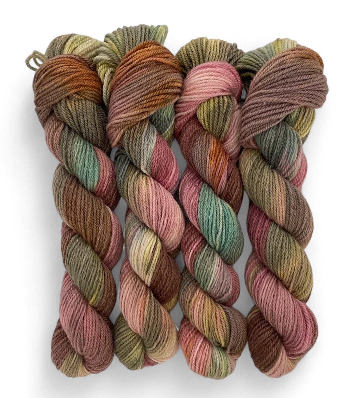Four skeins of non superwash DK hand-dyed yarn with a blend of British Bluefaced Leicester and Merino fibers, in a variety of colors including brown, pink, green, and blue.