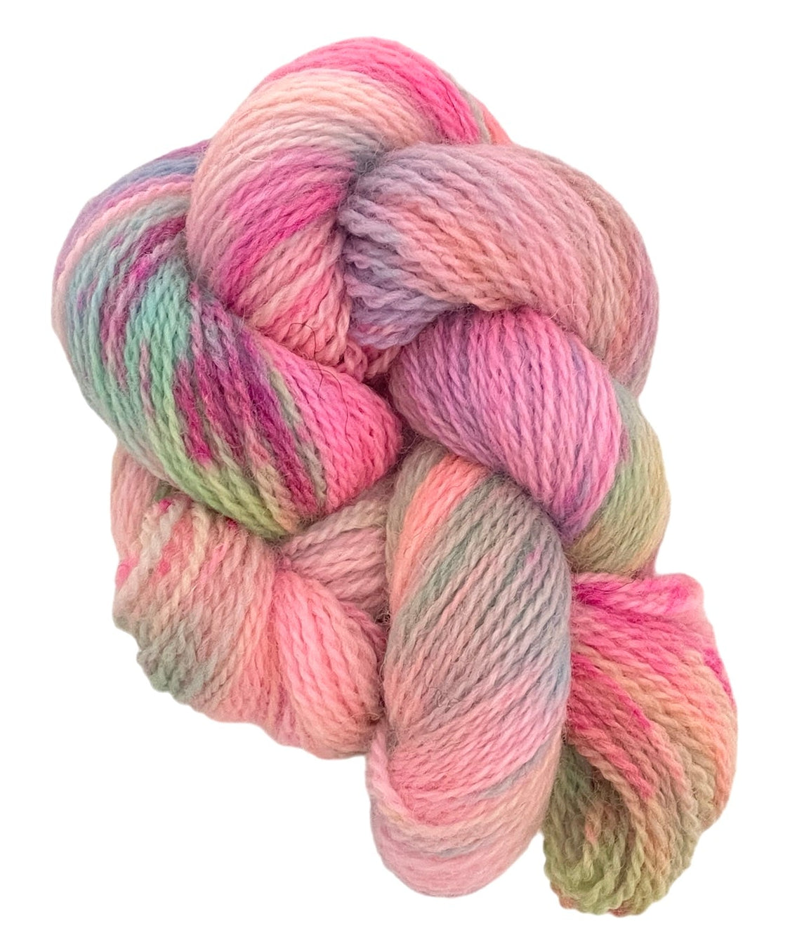 Skein of non superwash fingering weight merino and bluefaced leicester yarn, hand dyed in shades of pink, yellow and green.
