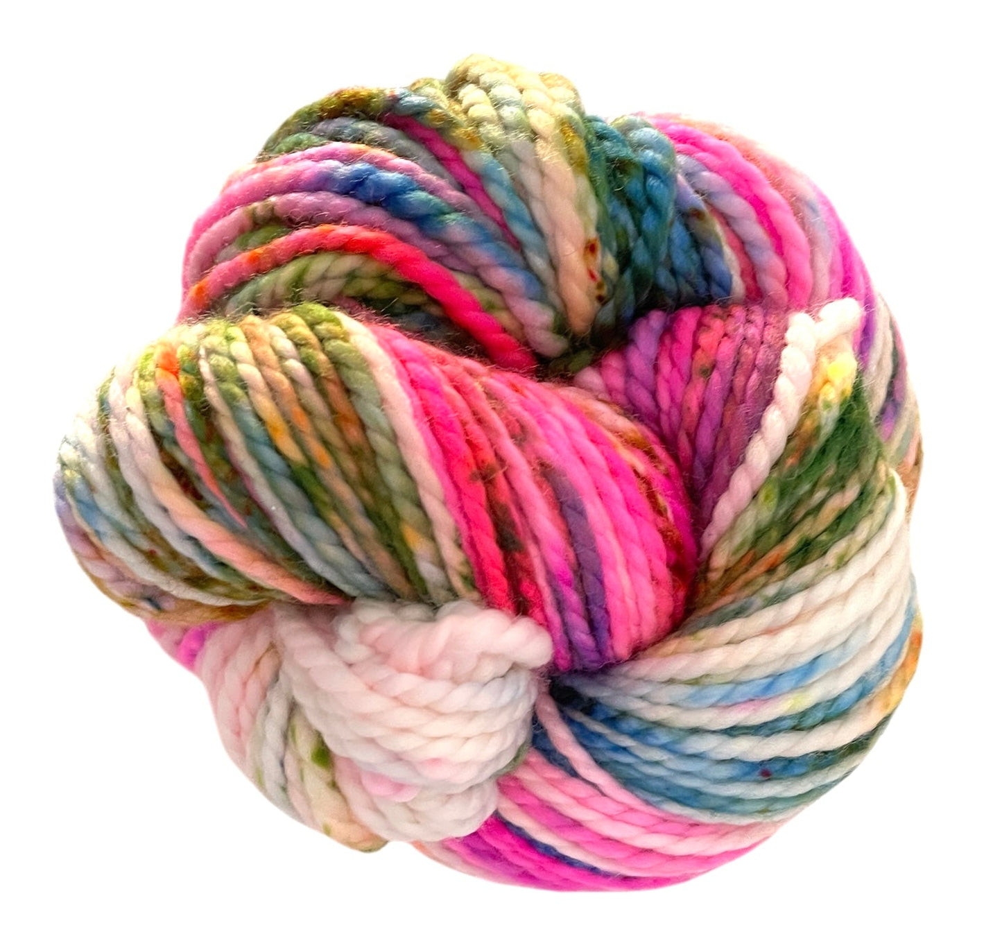 Skein of chunky weight superwash merino yarn, hand dyed in various colours including pink, blue, green and brown.