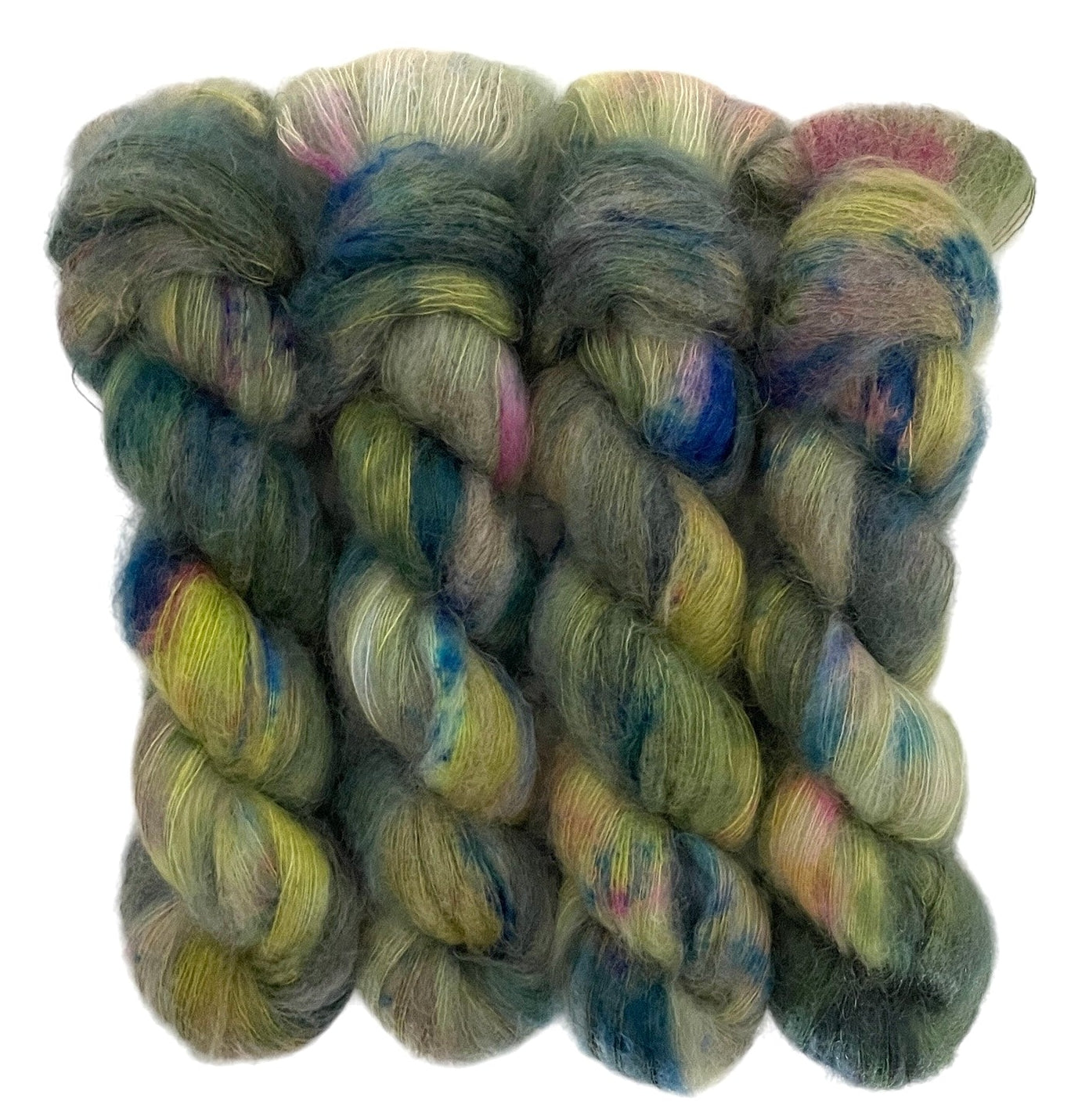 Four skeins of lace weight mohair and silk yarn, hand dyed in various colours including yellow, green and blue.