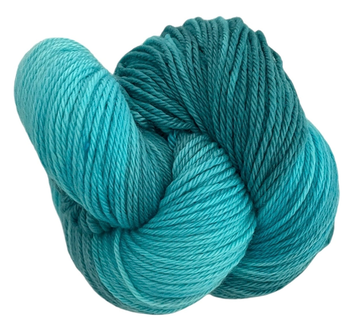 Skeins of non superwash DK sustainable Merino woll, hand dyed in teal.