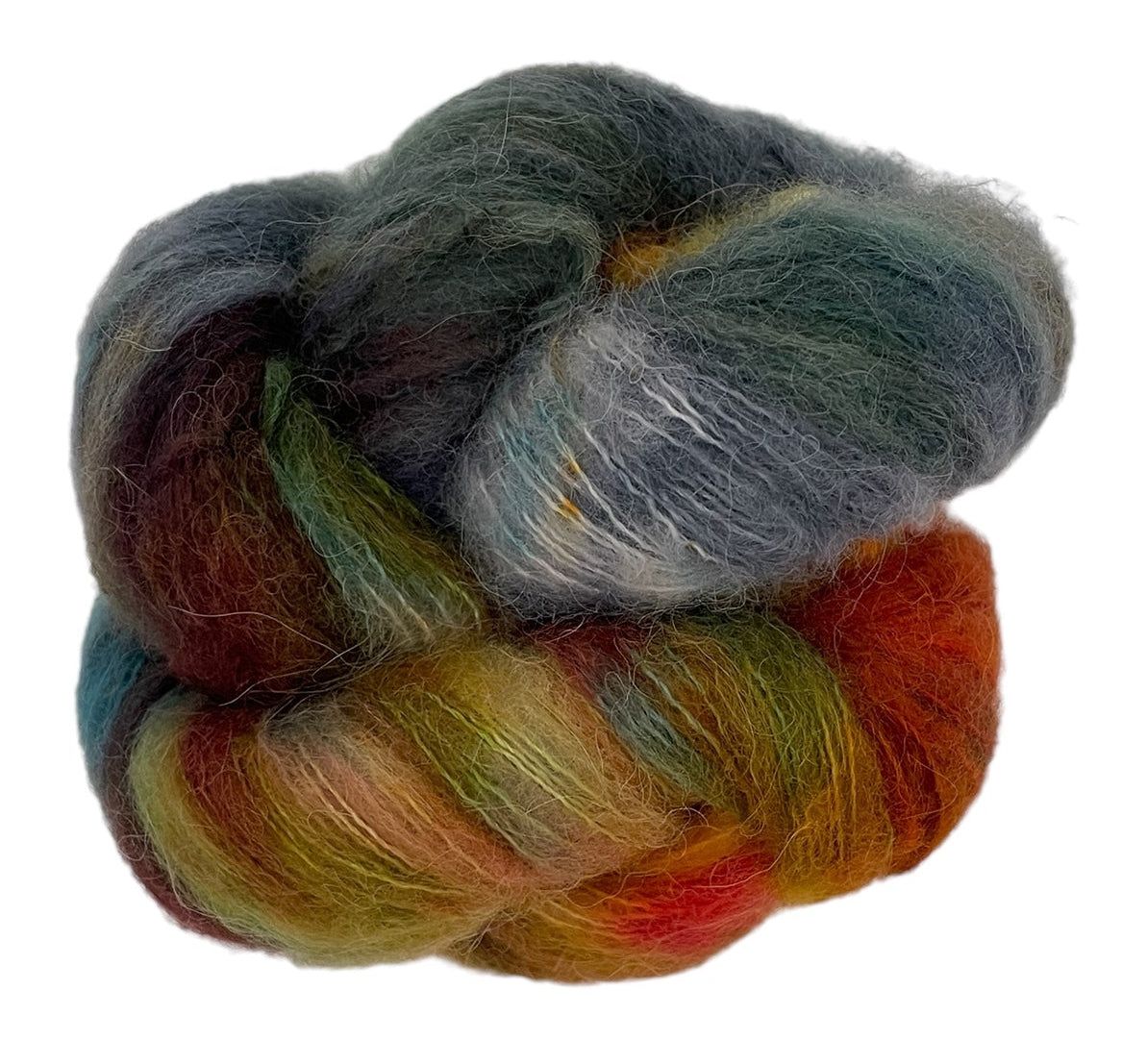 Skein of lace weight baby alpaca, silk and cashmere yarn, hand dyed in shades of yellow, orange and blue.