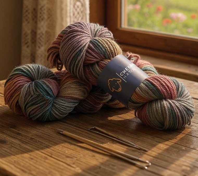 Skeins of non superwash DK weight sustainable merino wool, hand dyed in shades of brown, grey and green on a wooden table.