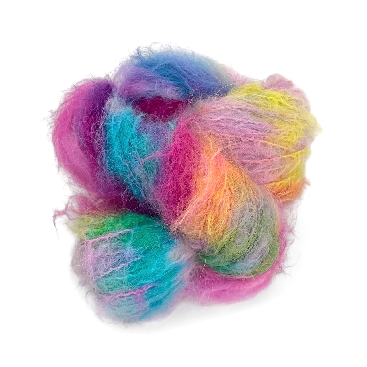 Multicolored baby alpaca and merino yarrn skein on a white background