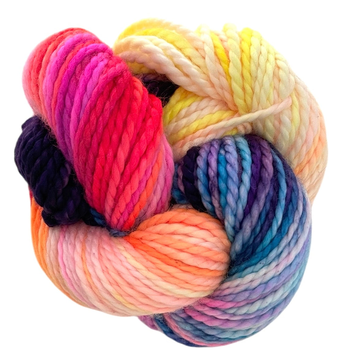 Skein of chunky weight superwash merino, hand dyed in bright colours including yellow, pink, blue and purple.