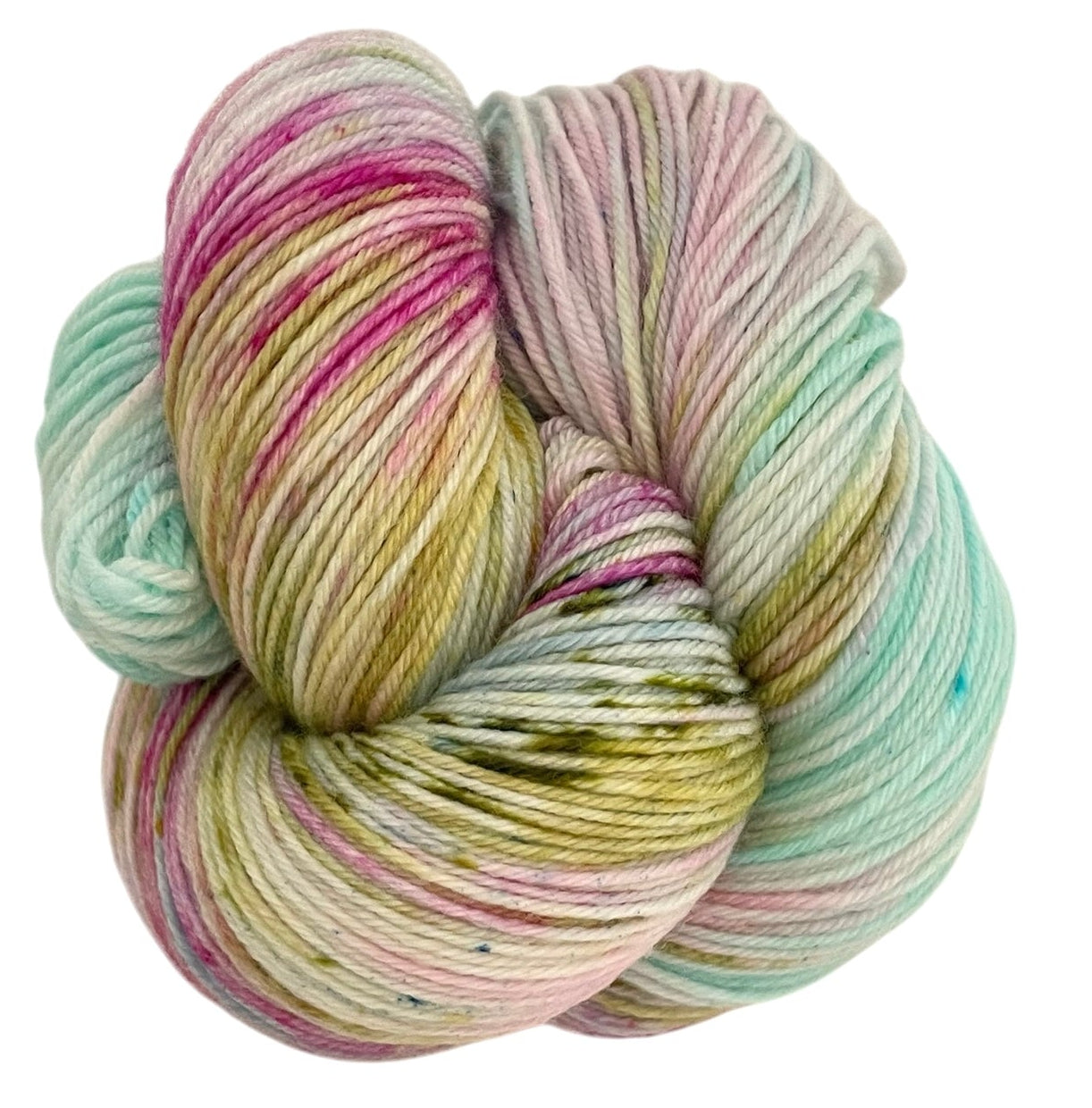 Skein of fingering sock weight superwash merino and nylon wool, hand dyed in pale shades of pink, yellow and green.