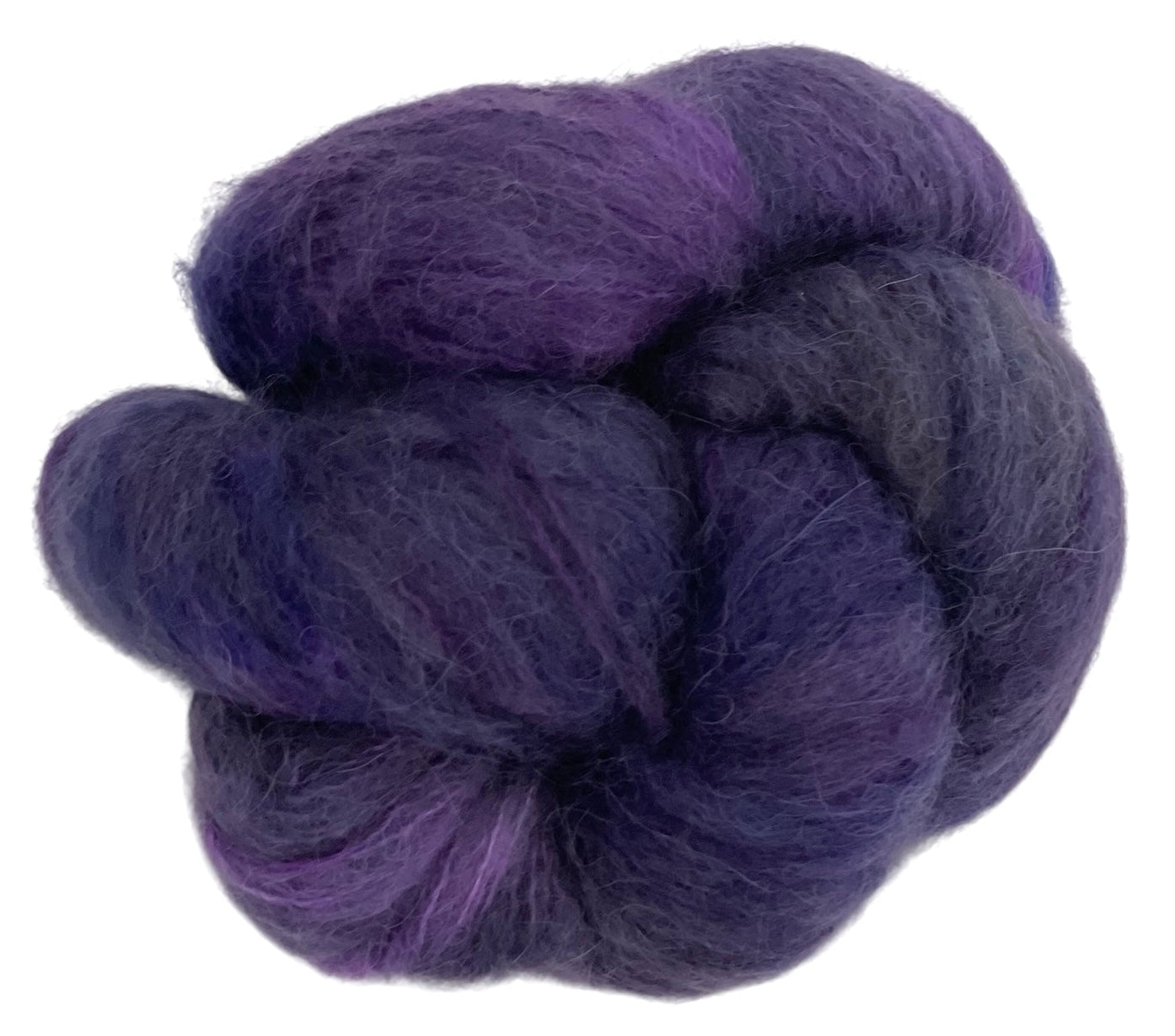 Skein of lace weight suri alpaca yarn, hand dyed in shades of purple.