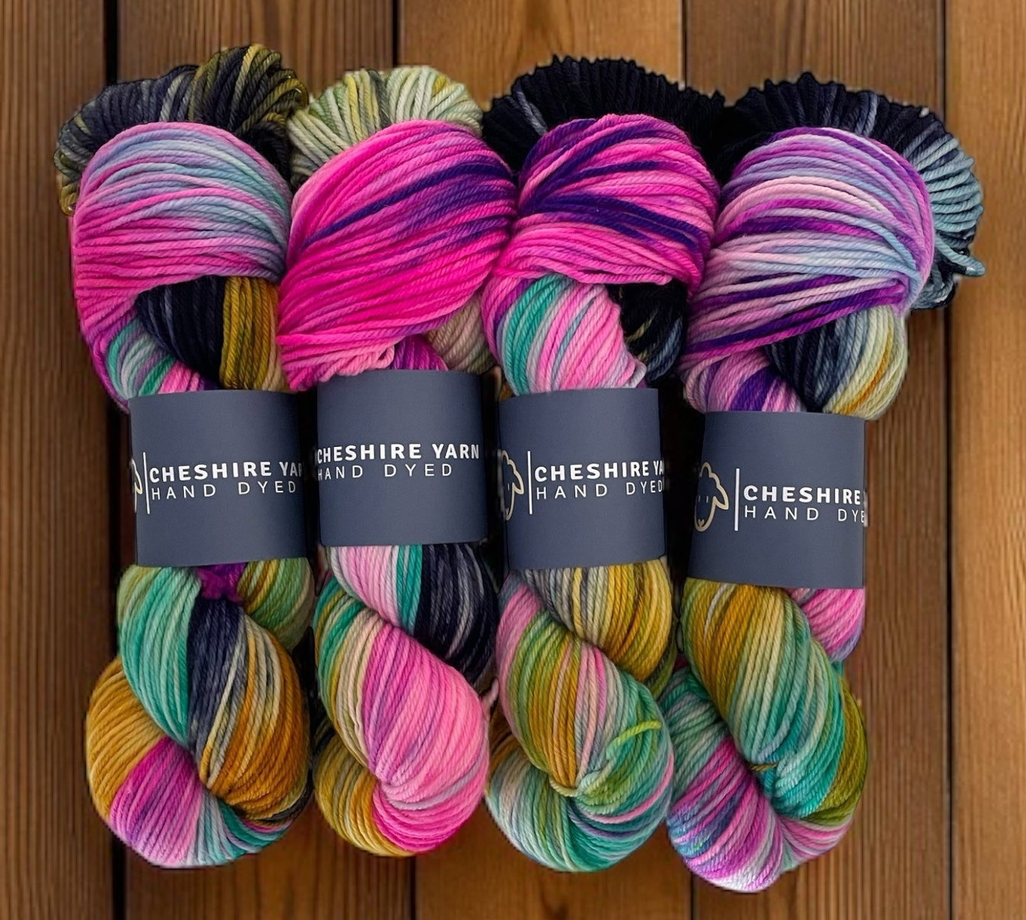 Four skeins of DK weight superwash merino and nylon yarn, hand dyed in shades of pink, green, orange and black.