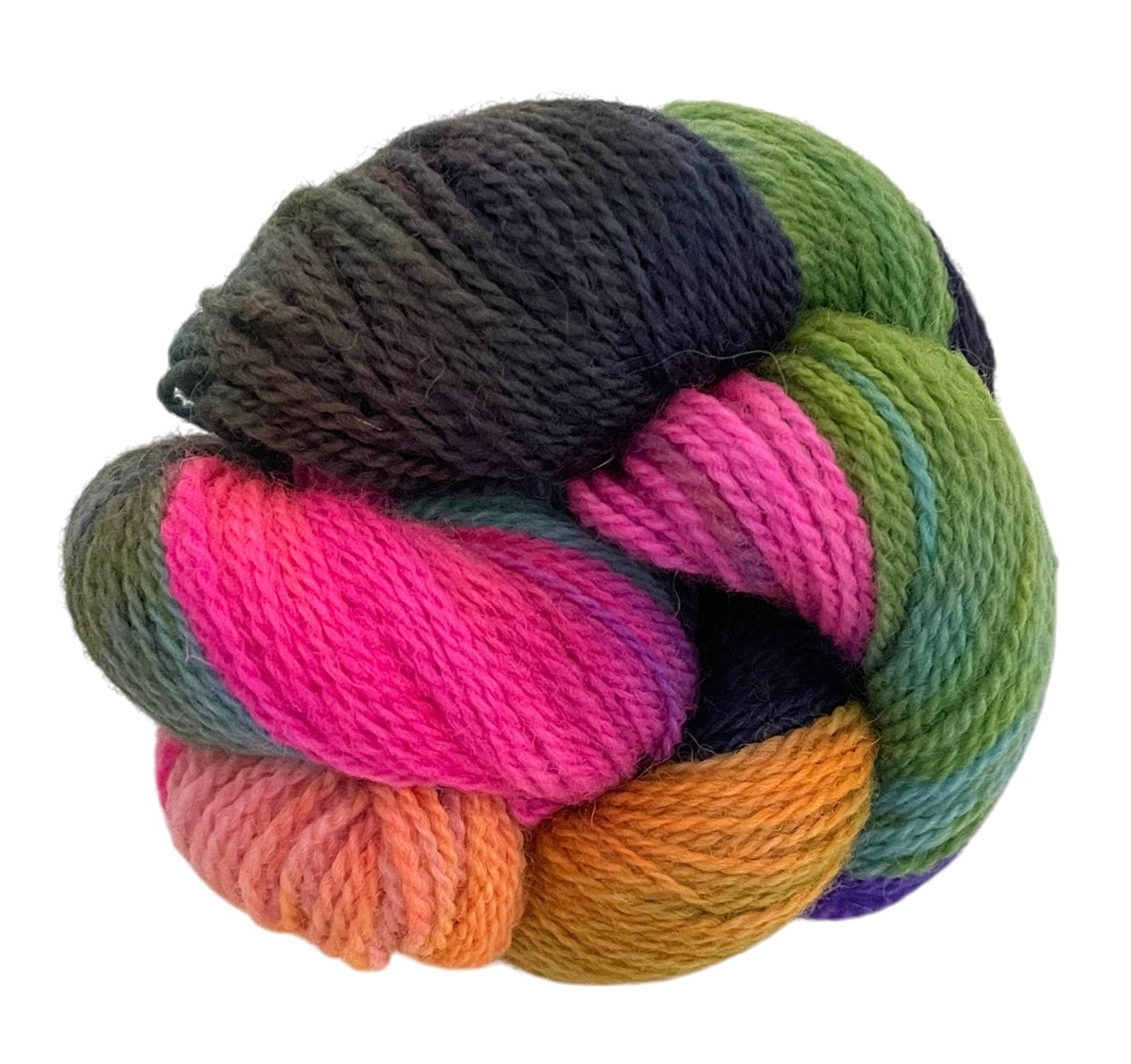 Skein of non superwash fingering weight merino and bluefaced leicester yarn, hand-dyed in assorted colors, including pink, green, blue, and purple.