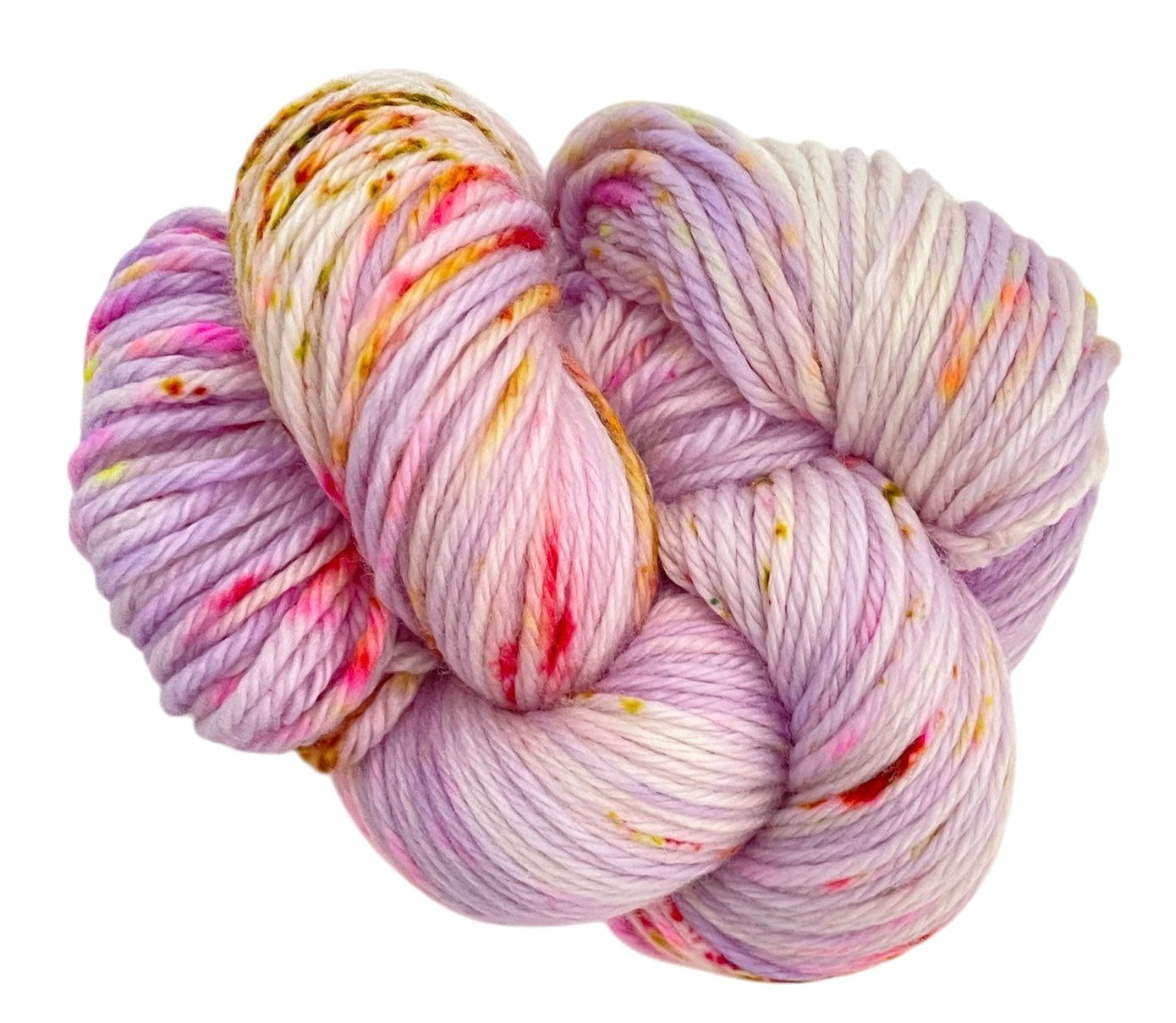 Skein of DK superwash merino and nylon yarn, hand dyed in shades of pink and lilac.