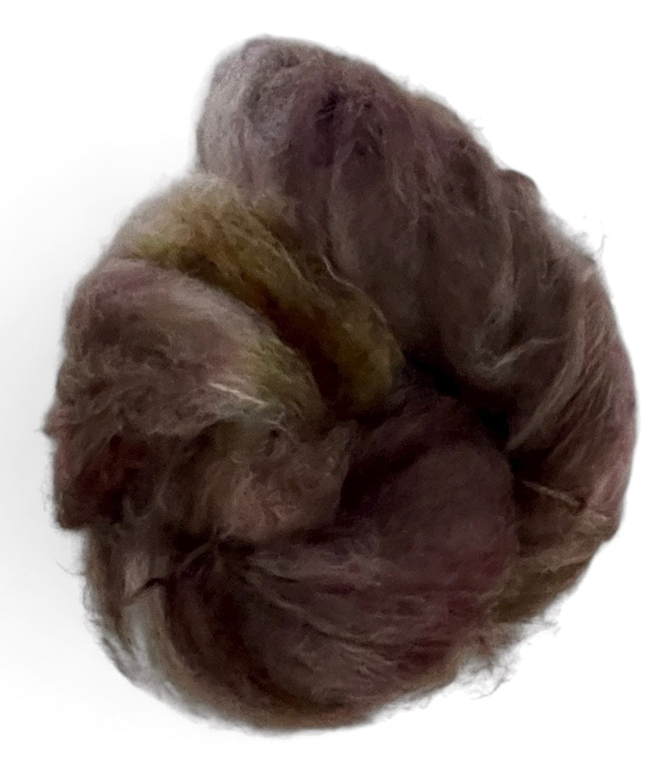Skein of DK weight mohair yarn, hand dyed in shades of brown.