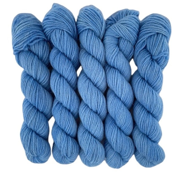Five skeins of blue merino and blue faced Leicester non-superwash yarn on a white background. Hand dyed. DK