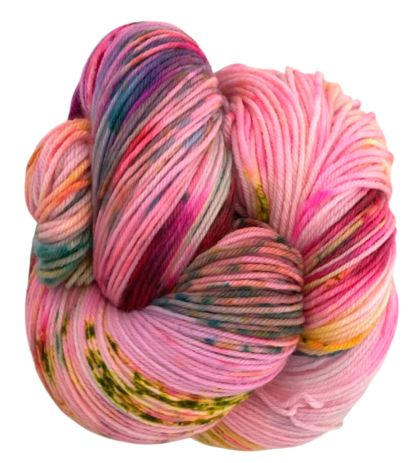 Skein of sock weight superwash merino wool, hand dyed in shades of pink, lemon and lime.