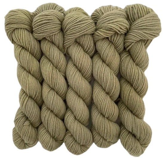 Five skeins of green or beige merino and blue faced Leicester non-superwash yarn on a white background. Hand dyed. DK