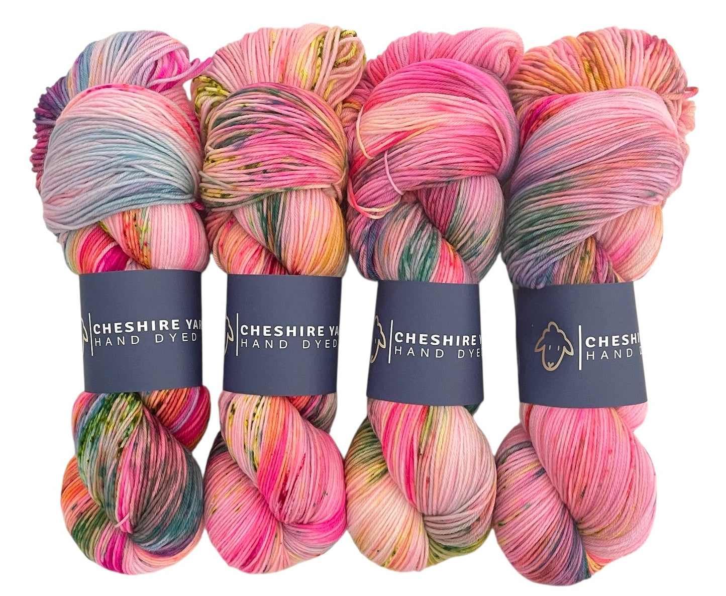 Four skeins of sock weight superwash merino wool, hand dyed in shades of pink, lemon and lime.