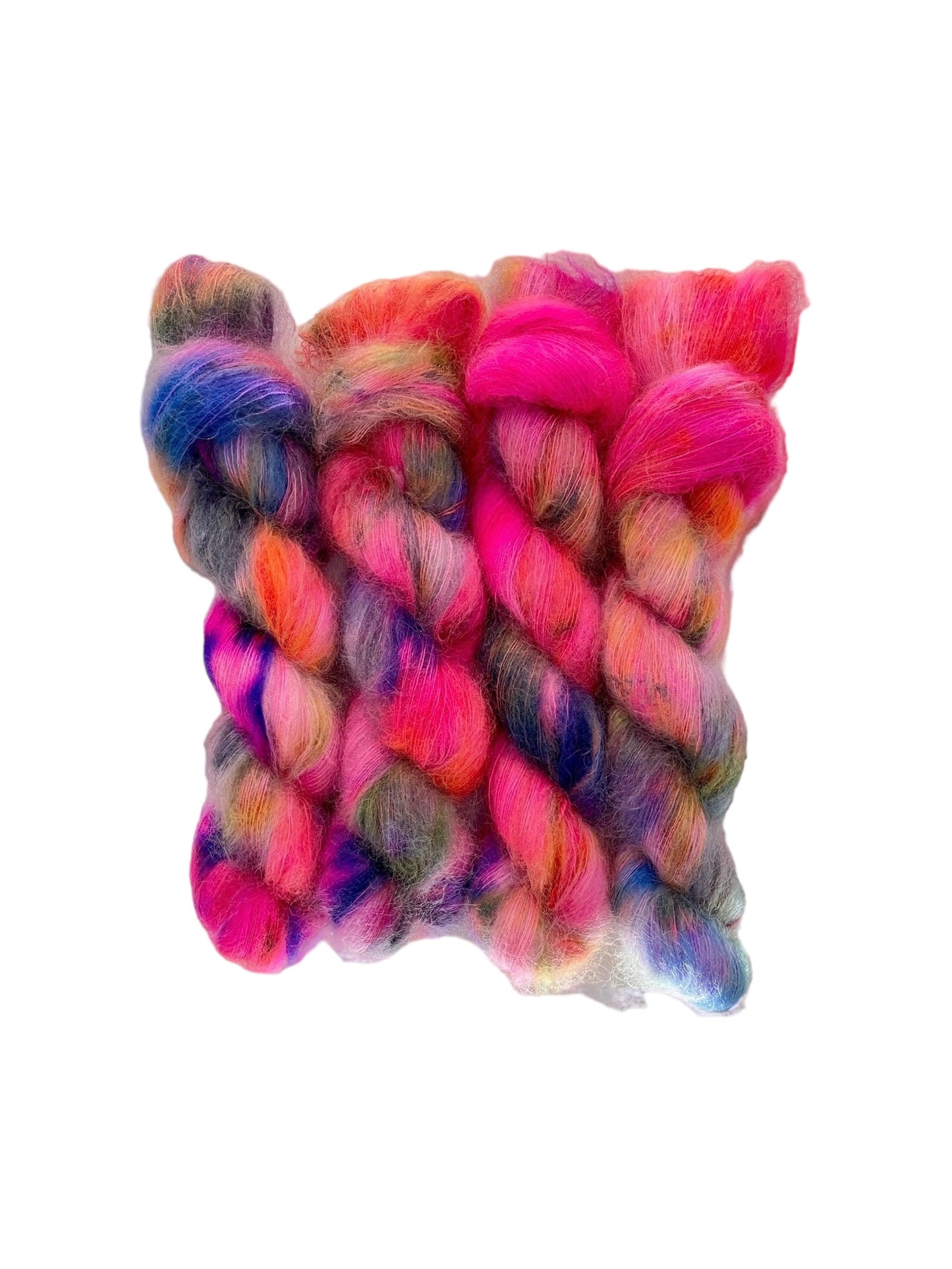 Expertly hand dyed in a vibrant pink hue with pops of blue and green, our RAZZMATAZZ yarn features a blend of luxurious kid mohair and silk. Perfect for delicate lace projects, each 50g skein is sure to add a touch of elegance and sophistication to your creations.