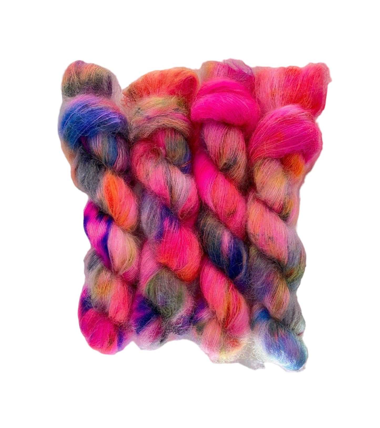 Expertly hand dyed in a vibrant pink hue with pops of blue and green, our RAZZMATAZZ yarn features a blend of luxurious kid mohair and silk. Perfect for delicate lace projects, each 50g skein is sure to add a touch of elegance and sophistication to your creations.