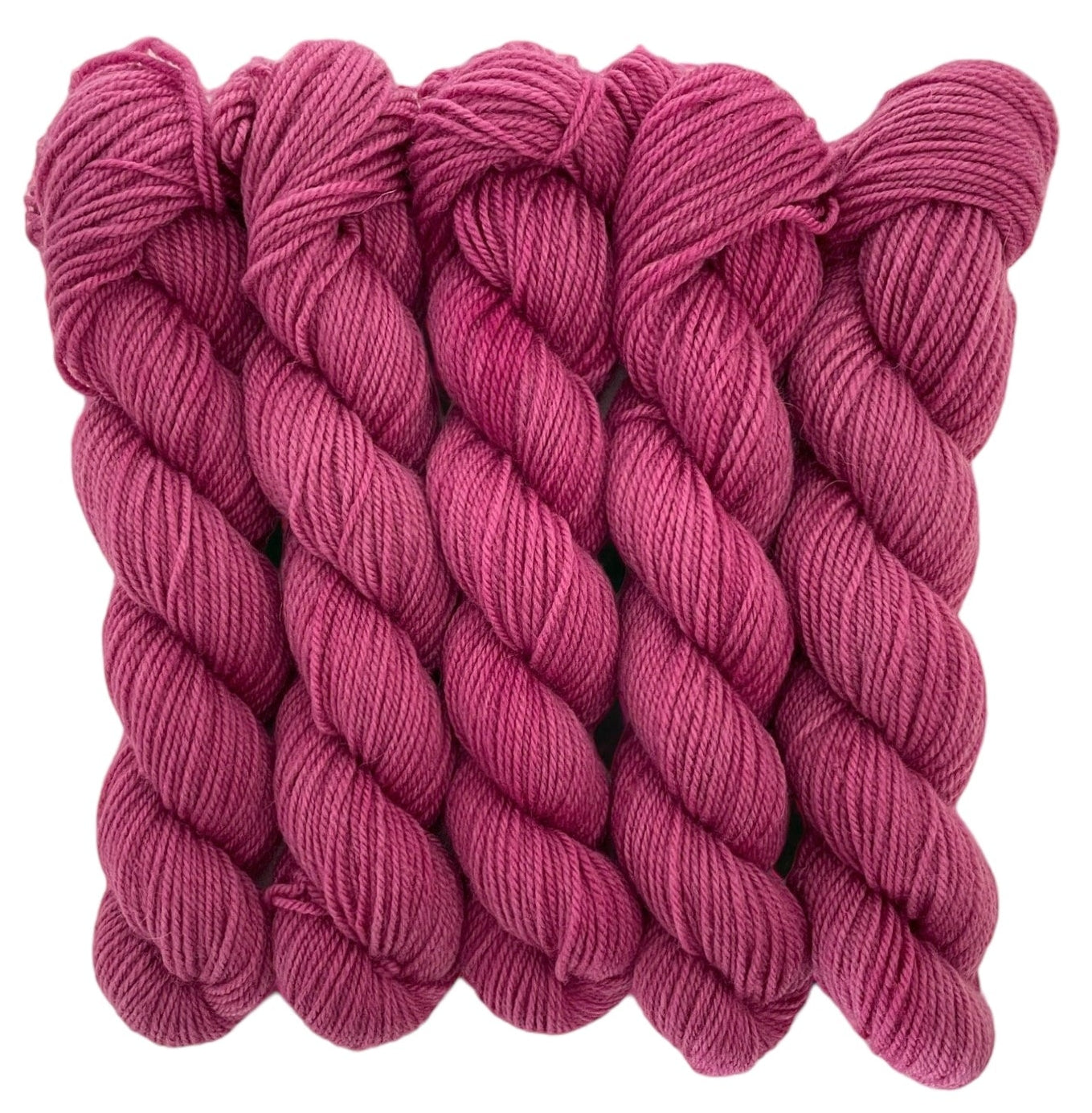 Five skeins of pink merino and blue faced Leicester non-superwash yarn on a white background. Hand dyed. DK