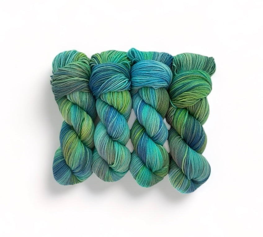 Made from 100% sustainable Merino wool, this fingering/sock weight yarn is perfect for eco-conscious knitters looking for high-quality, unique yarn. Each 100g skein is carefully hand-dyed for a one-of-a-kind result.