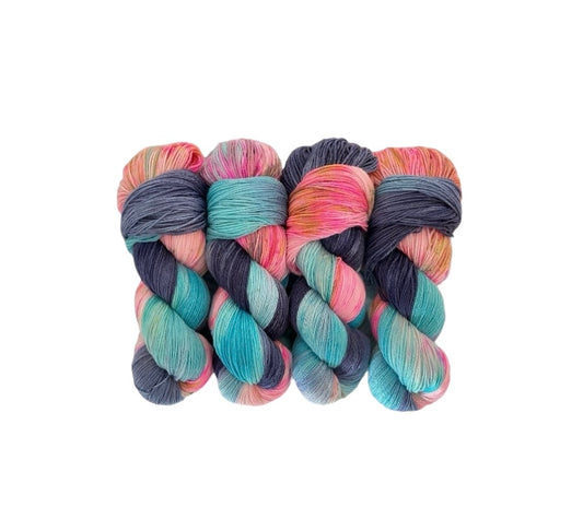 Made from 100% sustainable Merino wool, this fingering weight yarn is perfect for eco-conscious knitters looking for high-quality, unique yarn. Each 100g skein is carefully hand-dyed for a one-of-a-kind result.