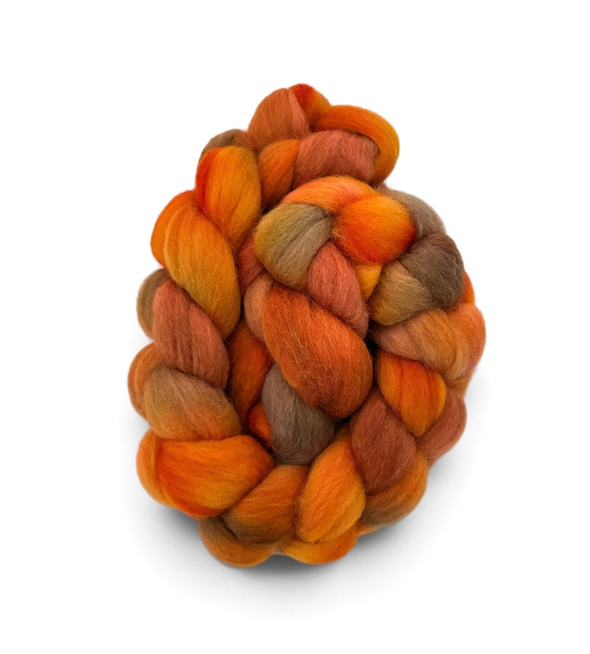 A coiled bundle of soft, twisted wool fibers in a warm autumn colorway, featuring shades of orange, rust, golden yellow, and brown, isolated on a white background.