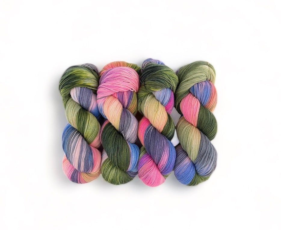 Made from 100% sustainable Merino wool, this fingering/sock weight yarn is perfect for eco-conscious knitters looking for high-quality, unique yarn. Each 100g skein is carefully hand-dyed for a one-of-a-kind result.