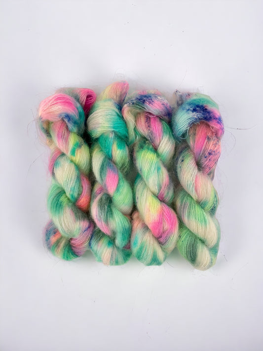 Hand dyed yarn.  72% Superkid Mohair.  28% Mulberry Silk.  Lace weight.Superkid mohair is from the first shearing and these are the softest and finest fibres the mohair goats will ever produce.