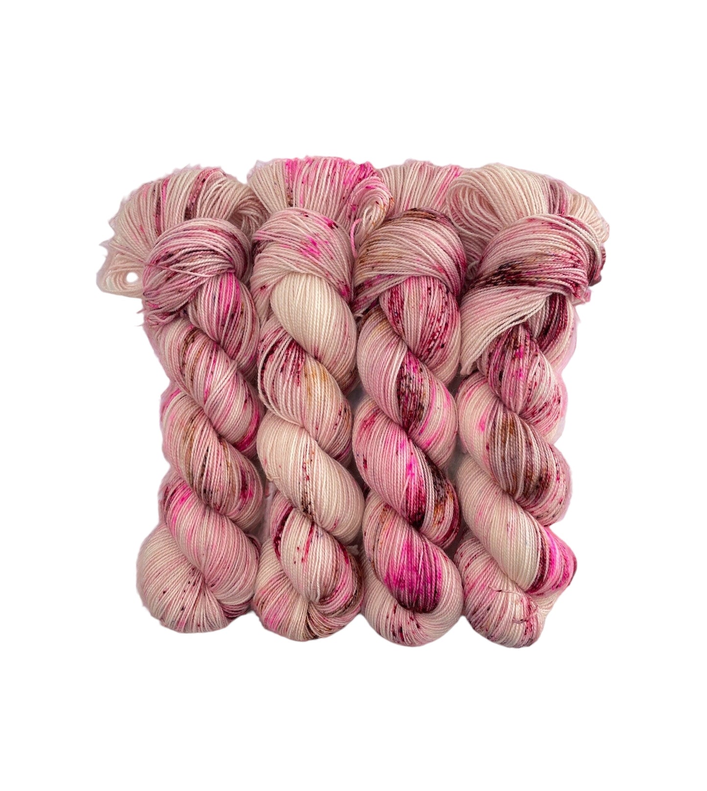 Get ready to create beautiful and durable projects with SWEETIE PIE hand-dyed yarn! Made from 80% Superwash Blue Faced Leicester wool and 20% nylon, this fingering/sock weight yarn is perfect for cozy socks, delicate shawls, and more. The cream base with pink and brown accents adds a touch of sweetness to your knits.