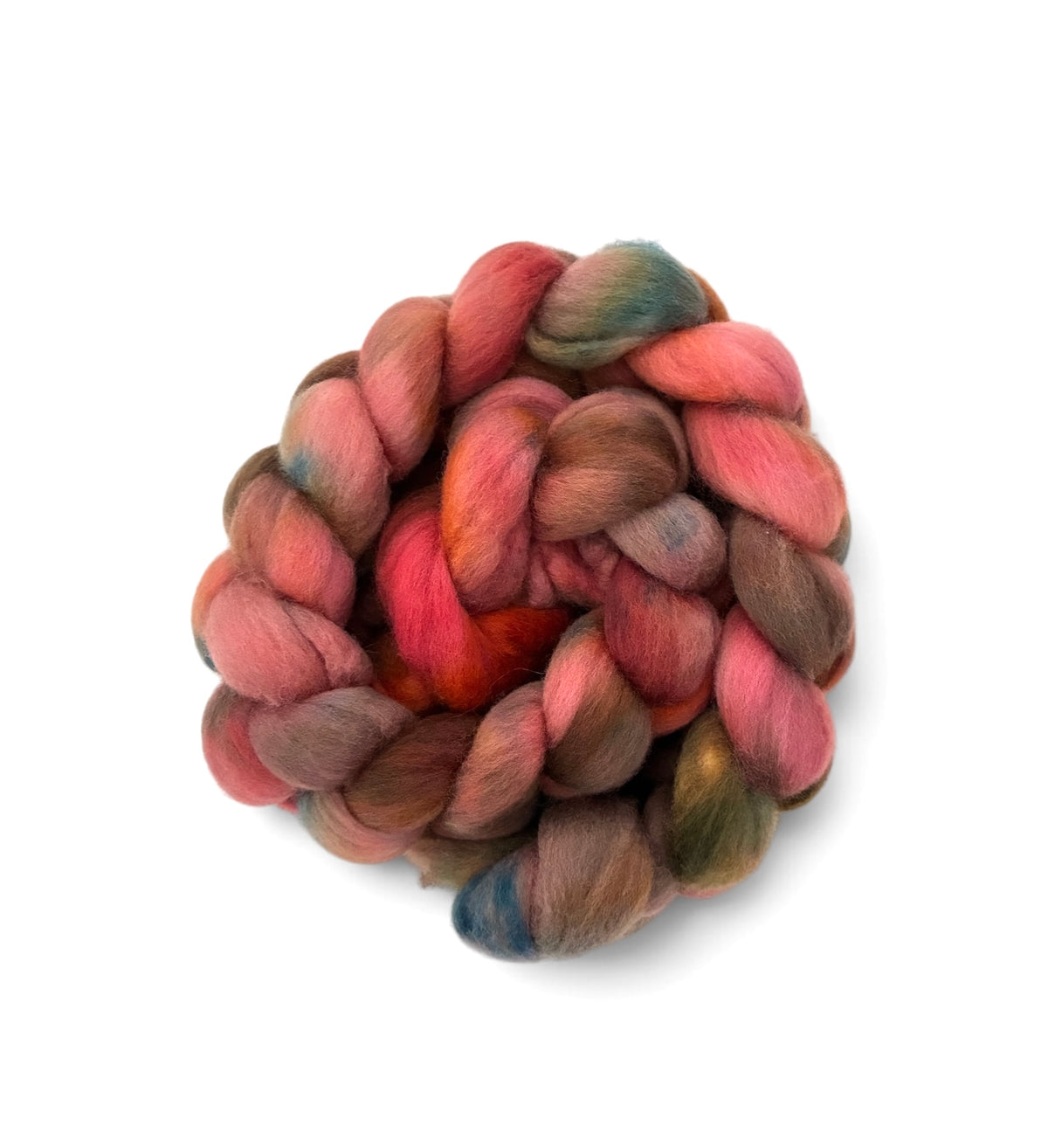 A coiled bundle of soft, fuzzy fiber roving in a variegated blend of dusty pink, terracotta orange, mauve-brown, and hints of teal and olive, isolated on a white background.